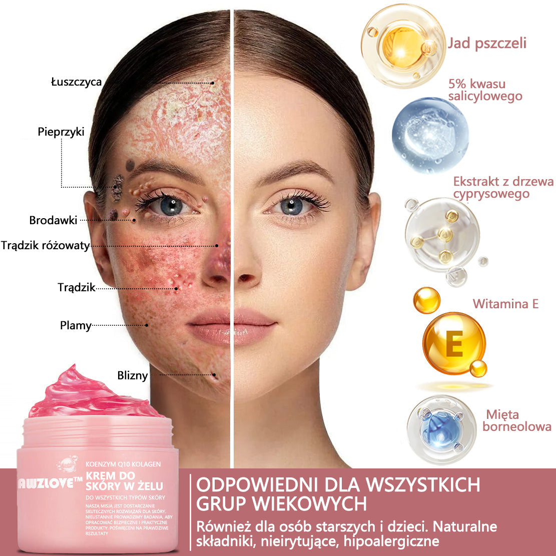 Krem kolagenowy w żelu Awzlove™ z koenzymem Q10 jest produktem zatwierdzonym przez Polskie Towarzystwo Dermatologiczne (PTD) i spełnia rygorystyczne normy Narodowego Instytutu Zdrowia Publicznego (PZH).